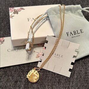 Fable England Fox & Acorn Oval Chain Locket Necklace, NIB